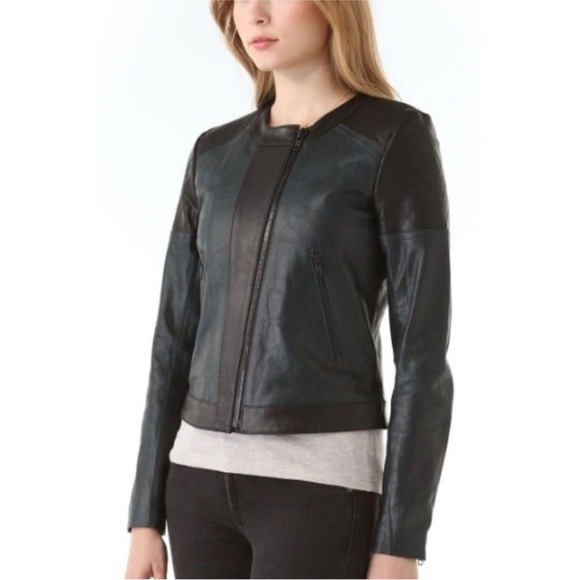 Theory Forest Green and Black Lambskin Leather Jacket EUC - Picture 4 of 14